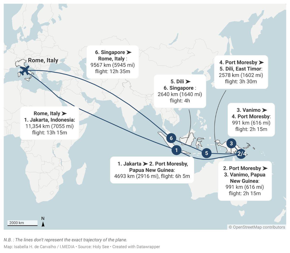 A map of the countries Pope Francis will be visiting on his trip to Asia and Oceania in September 2024.