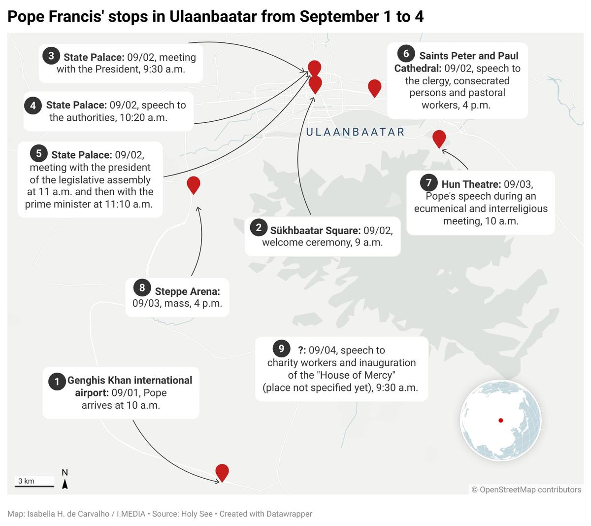 A map showing Pope Francis' stops during his trip to Ulaanbaatar in Mongolia
