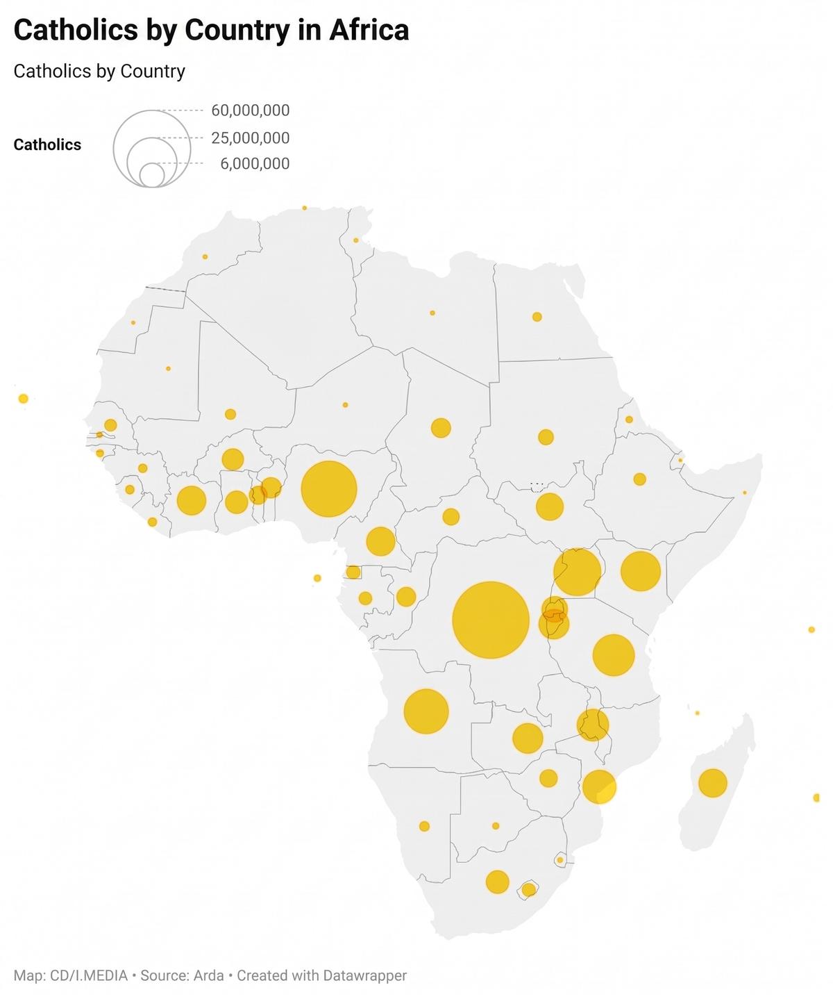 Map showing the number of Catholics per country in Africa