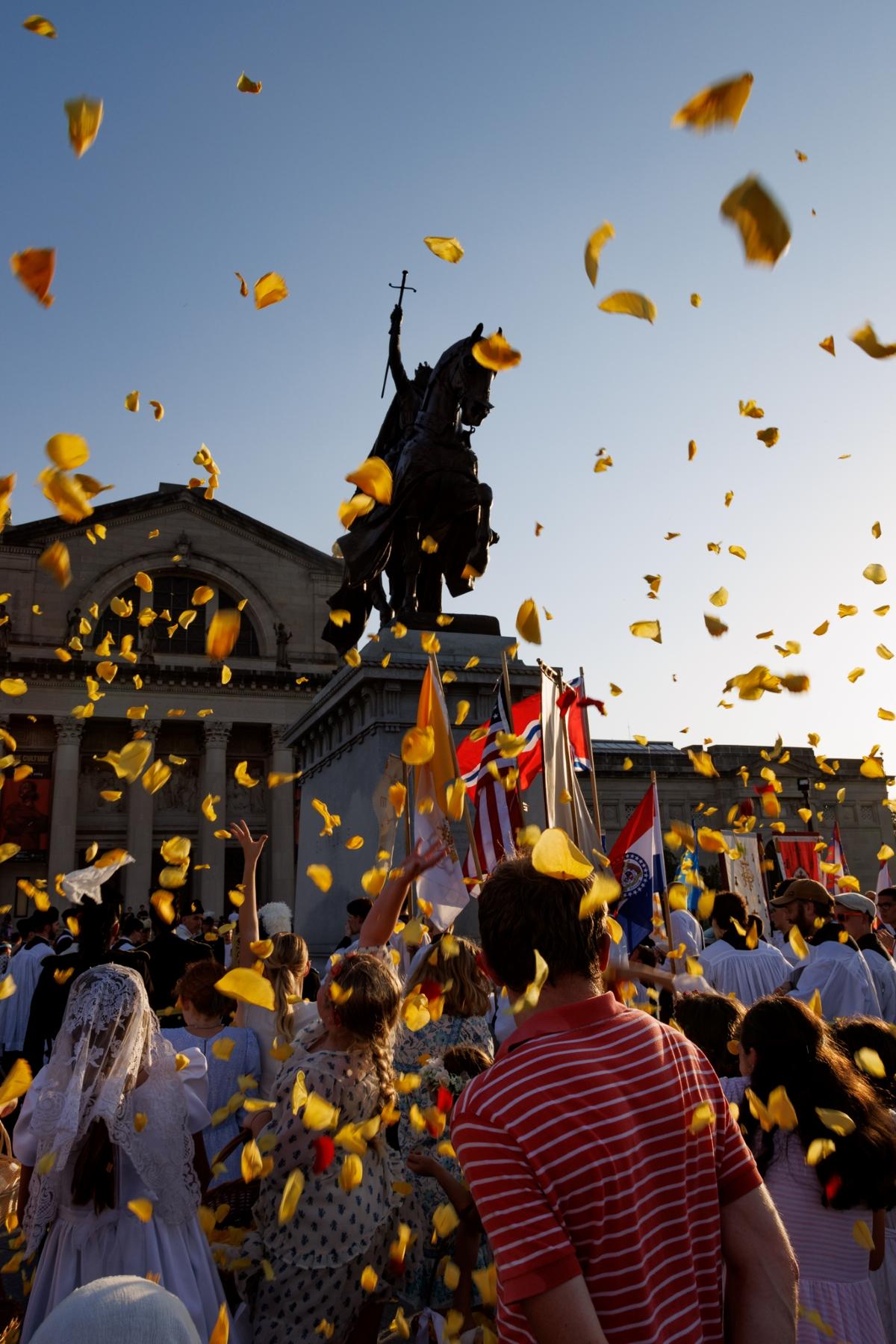 Celebrating the feast of St. Louis at his statue in St. Louis, Missouri
