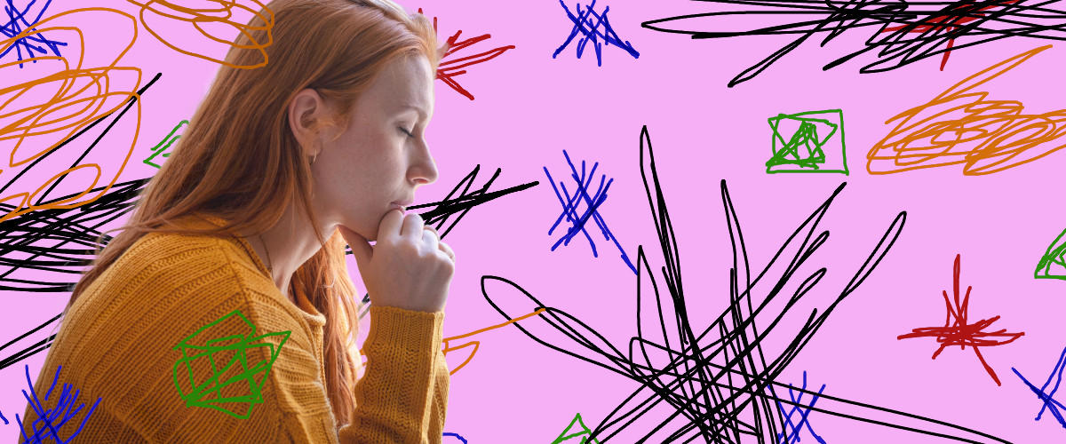 Woman praying amid distractions
