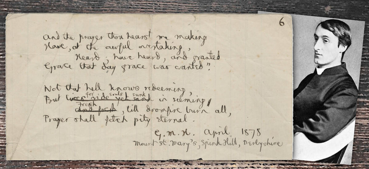 A handwritten fragment of the poem "The Loss of Eurydice," along with a photo of Hopkins