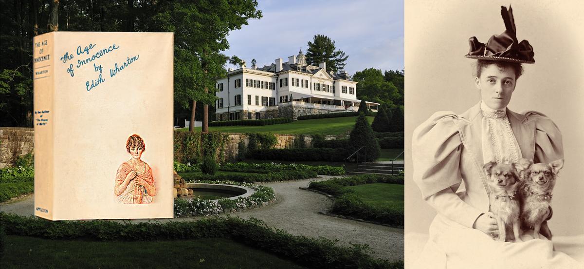 A photo of Edith Wharton, her home in Massachusetts (now a museum dedicated to the author), and the first edition of "The Age of Innocence"