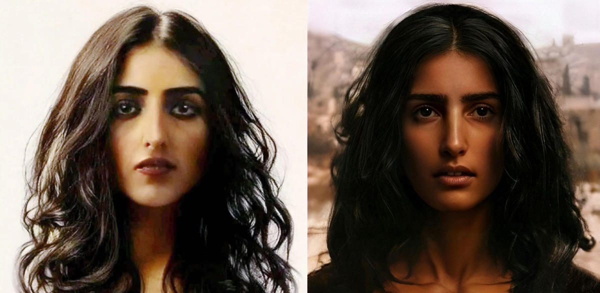 Two images of the Virgin Mary as an adult, created digitally by Átila Soares da Costa Filho