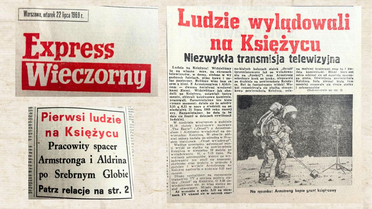 Armstrong i Aldrin na księżycu skan gazety Ekspres Wieczorny z 22 licpa 1069 r.