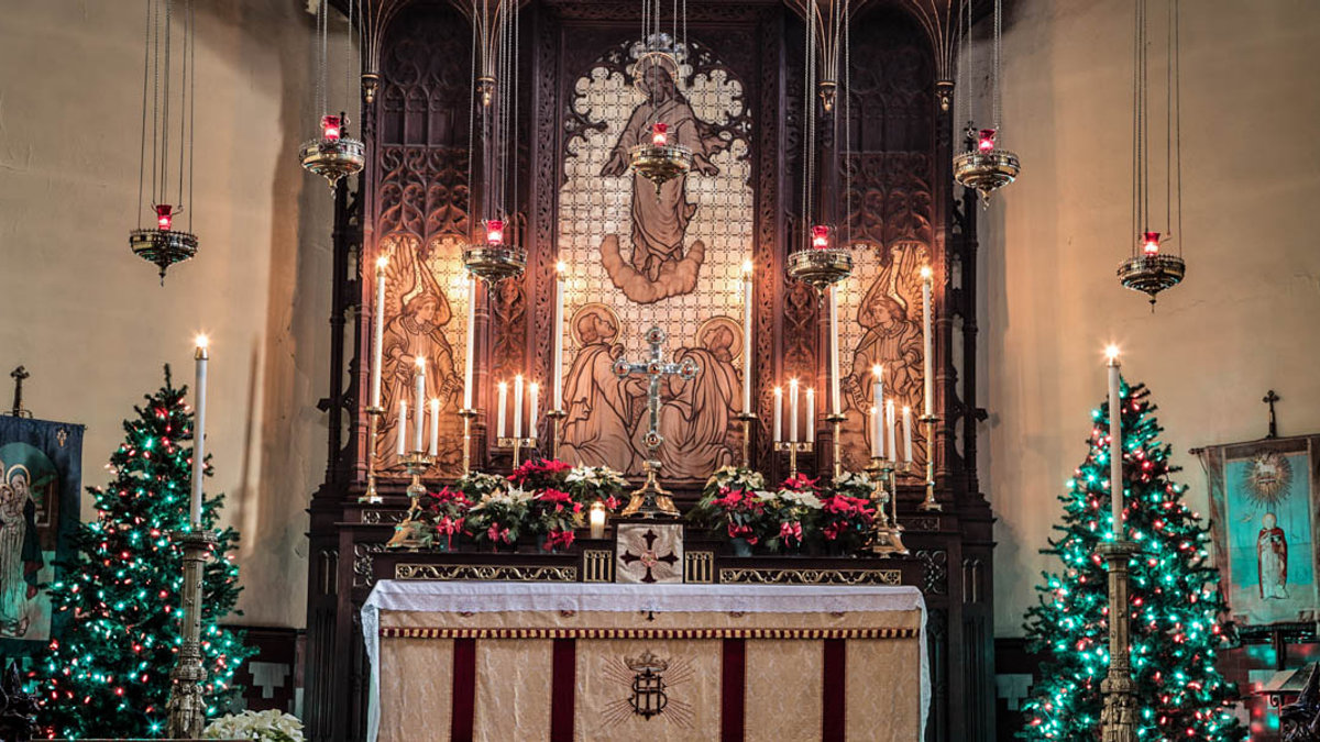 CHURCH DECORATED FOR CHRISTMAS