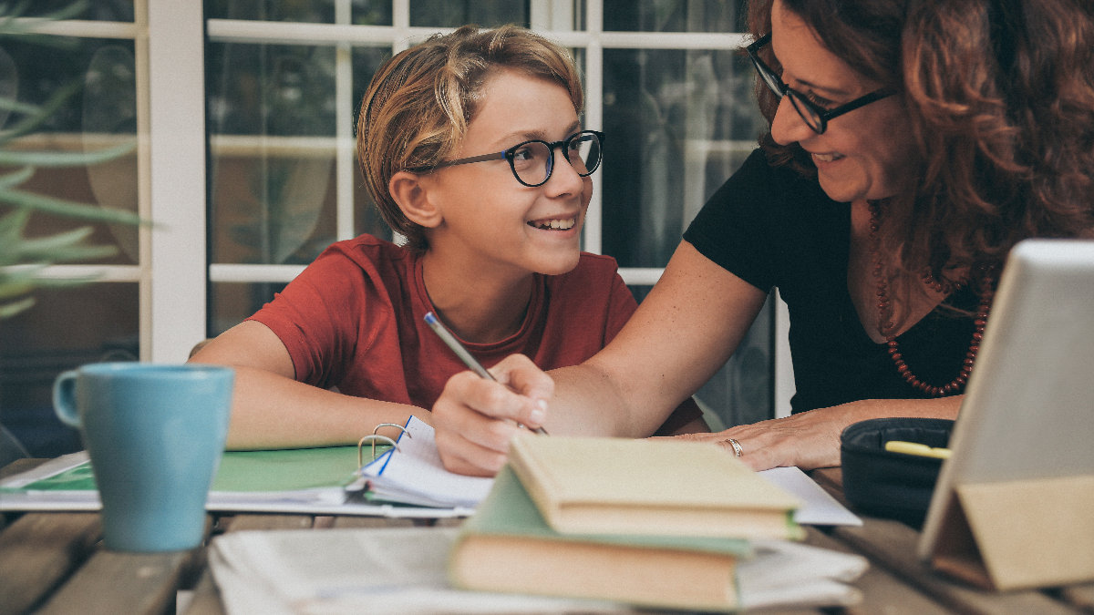 mom, boy, son, books, school, homeschool
