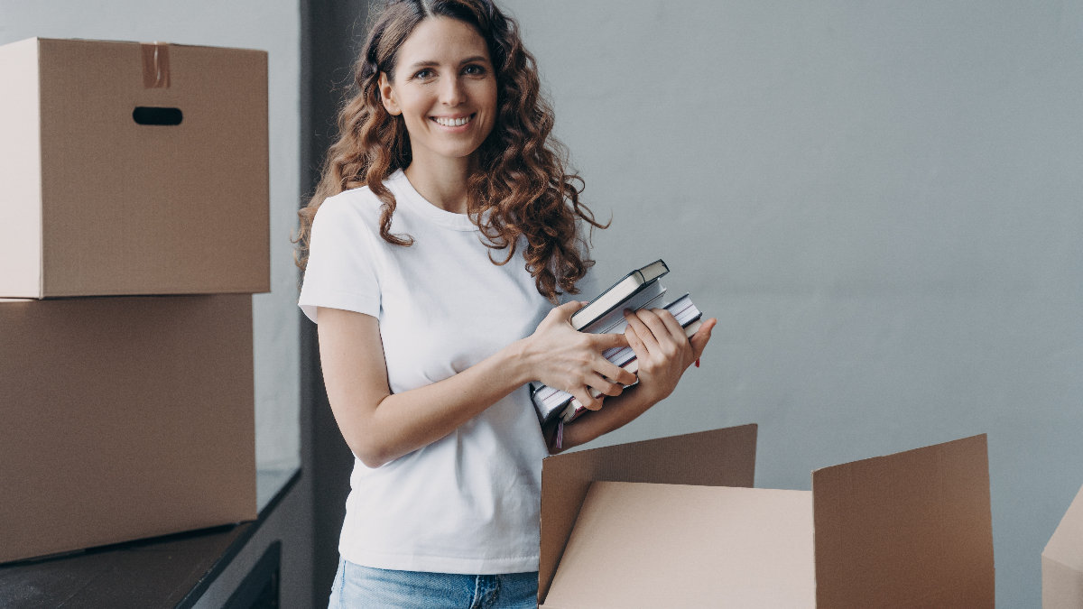 college, girl, books, mail, package