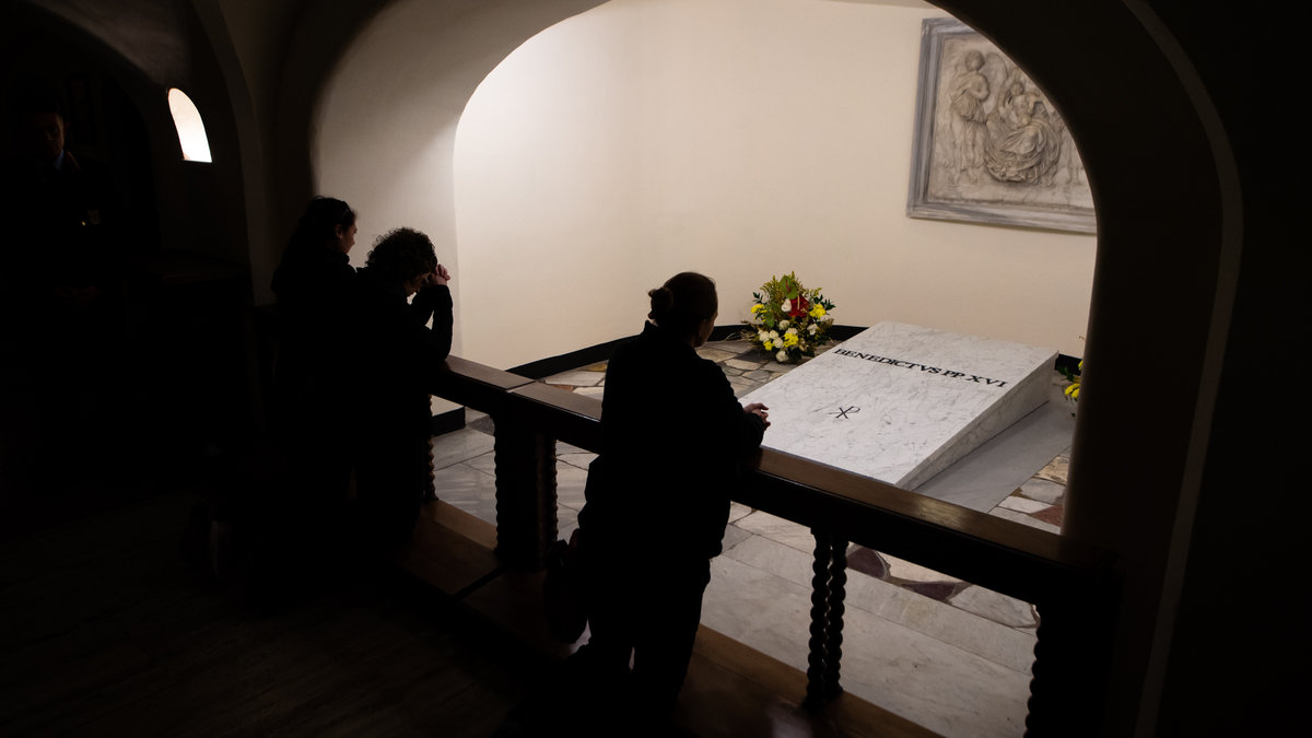 The tomb of late Pope Emeritus Benedict XVI inside the grottos of St. Peter's Basilica