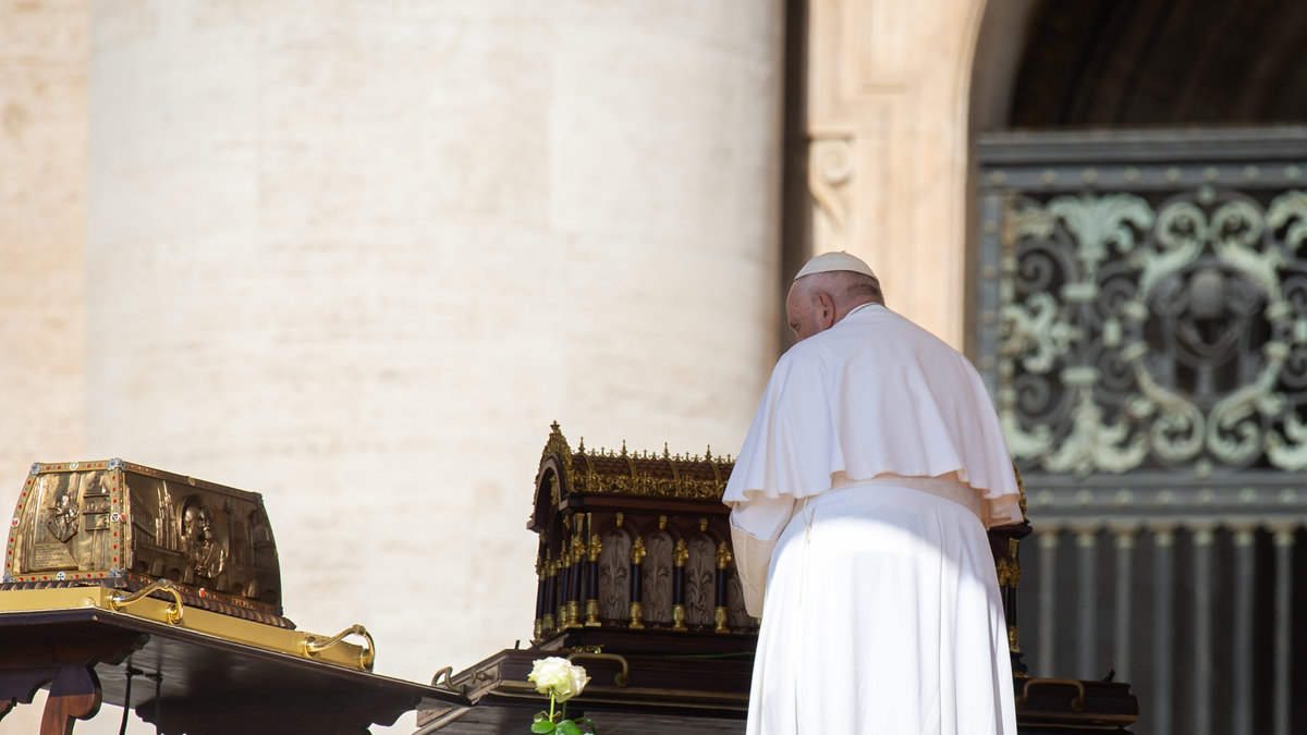 Pope Francis stands by the relics of Saint Therese of Lisieux displayed during the weekly general audience on June 7- 2023