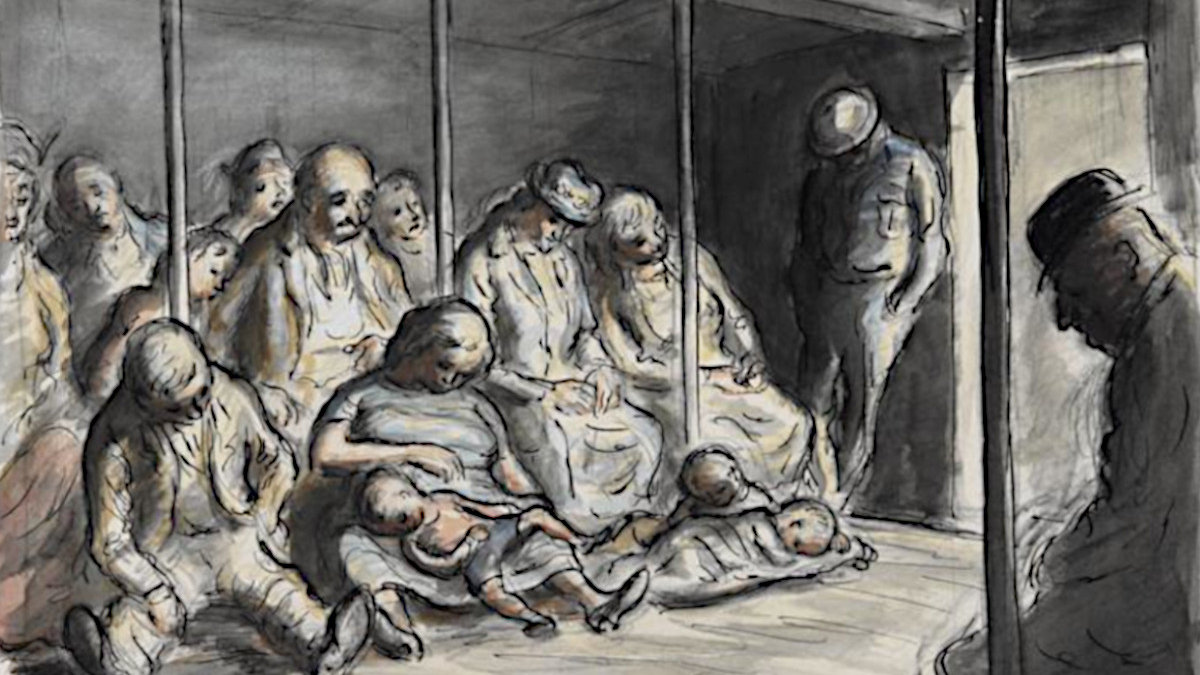 Sleeping in a shelter, drawing, London, 1940