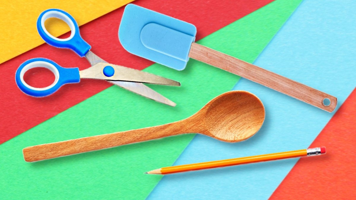 Collage with crafting and cooking tools on colored paper