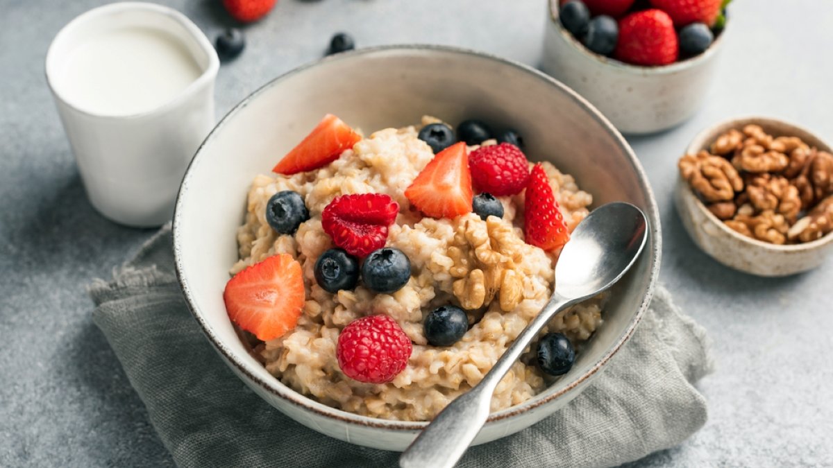 Healthy Oatmeal Porridge With Summer Berries Blueberry Raspberry Strawberry In A Bowl