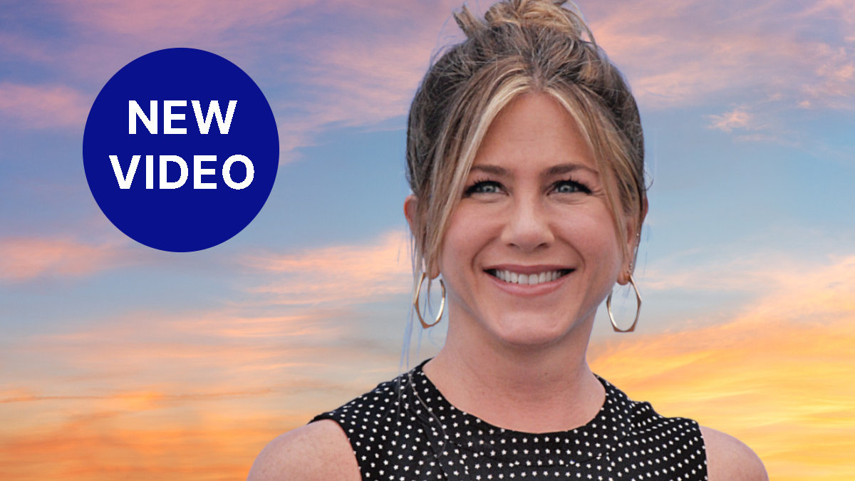 Jennifer Aniston against sunrise clouds