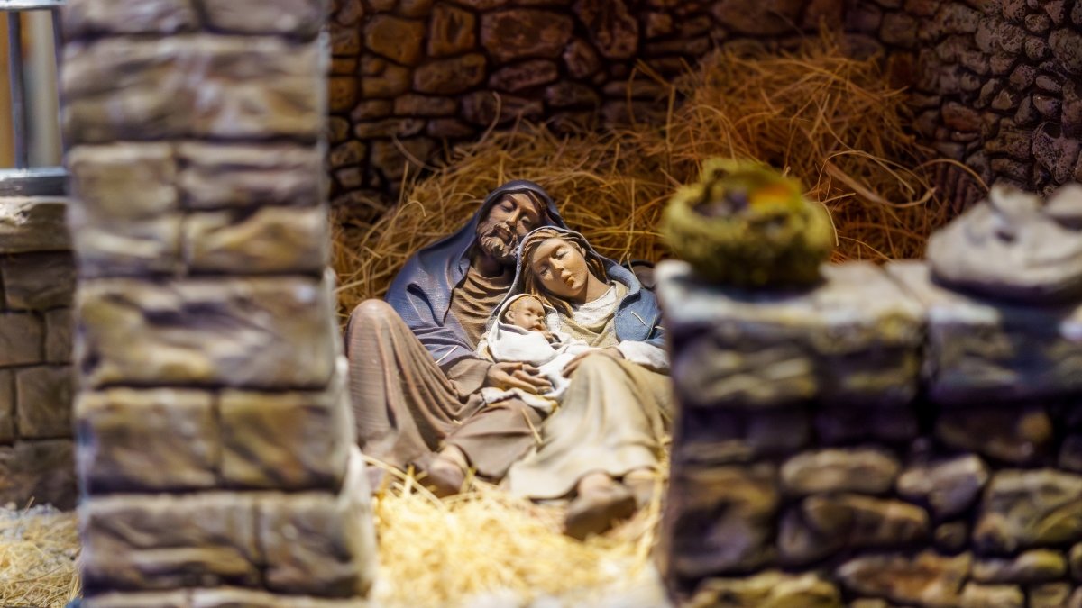 Christmas nativity scene with Mary. Joseph, the three wise men and baby Jesus in a manger