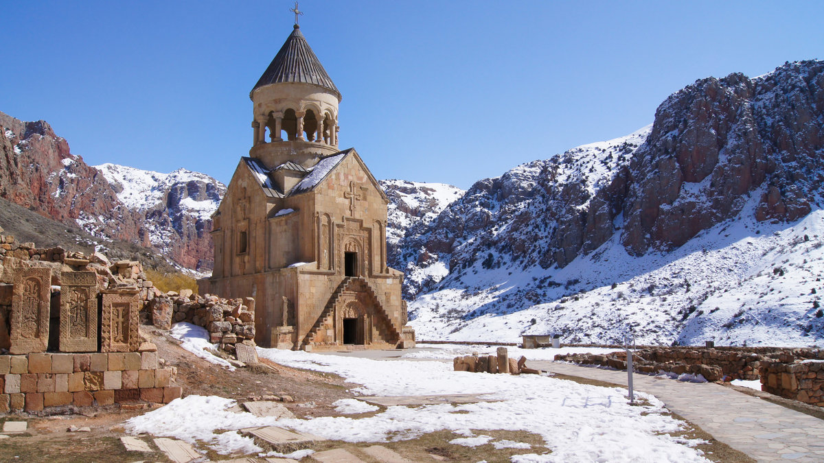 Medieval armenian Noravank monastery complex in winter Armenia