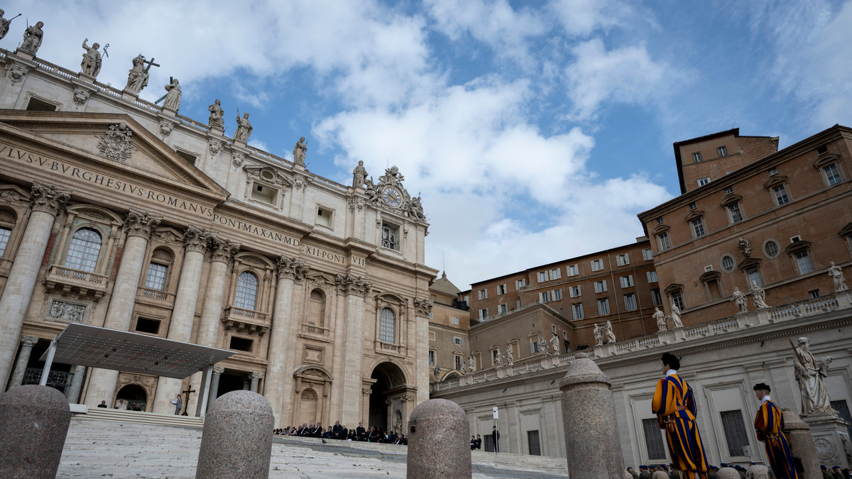 Pope Francis waves to the crowd during the weekly general audience on April 10, 2024 at St Peter's square in The Vatican.