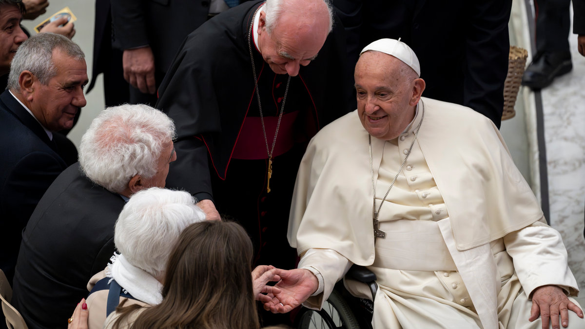 Pope Francis attends "The Caress and the Smile" event to meet with grandparents, the elderly, and grandchildren at the Vatican's Paul VI Audience Hall.