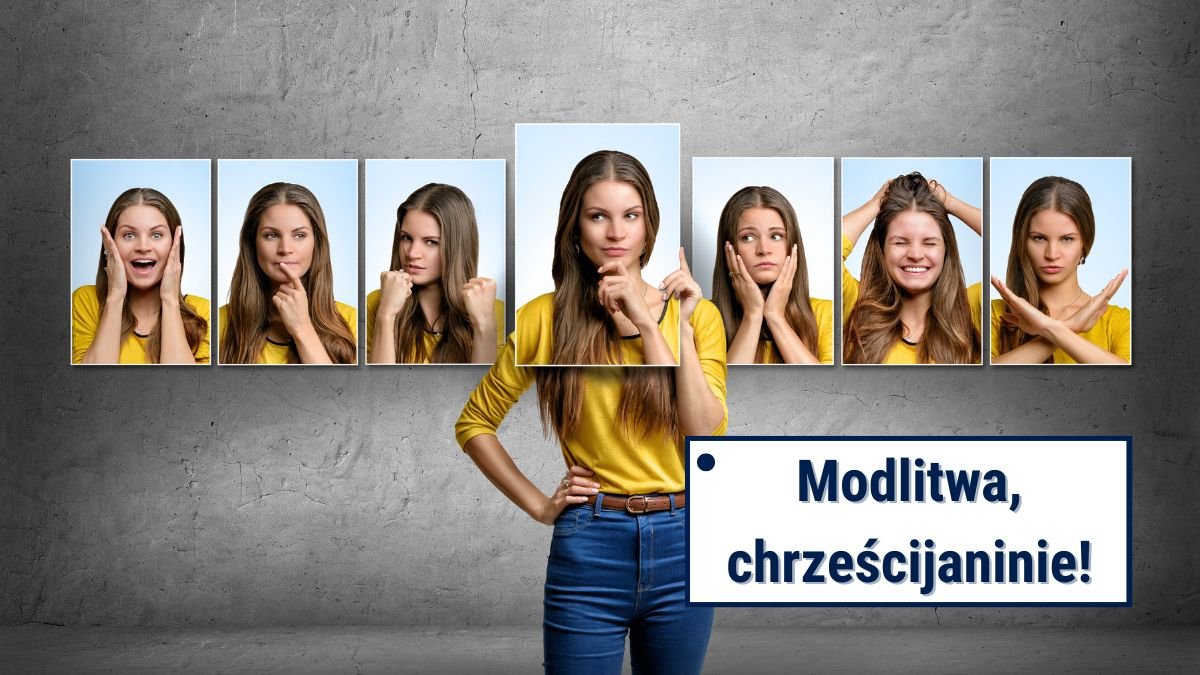 Emocje na modlitwie. Kobieta ze zdjęciami swojej twarzy wyrażającymi różne emocje.