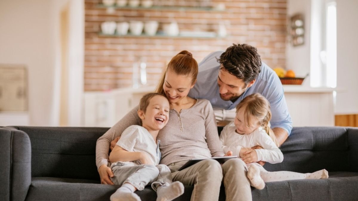 happy family in the couch