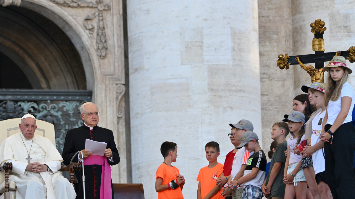 Pope Francis attends the open-air audience of XIII International Pilgrimage of Altar Servers at St. Peterís square in the Vatican on July 30, 2024