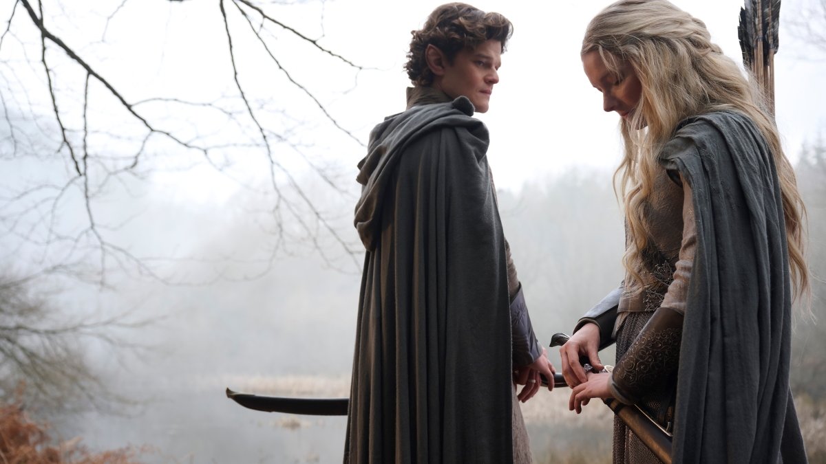 Robert Aramayo as Elrond, Morfydd Cark as Galadriel in Rings of Power season two