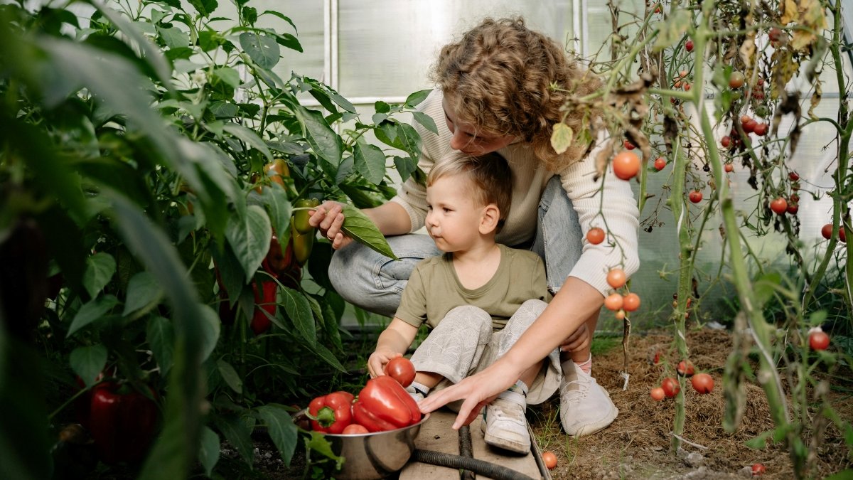 Mom and son in garden