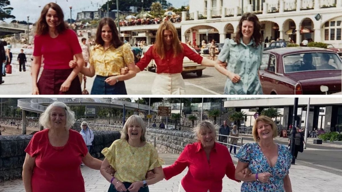 Four friends in Torquay, 1972 and 2024