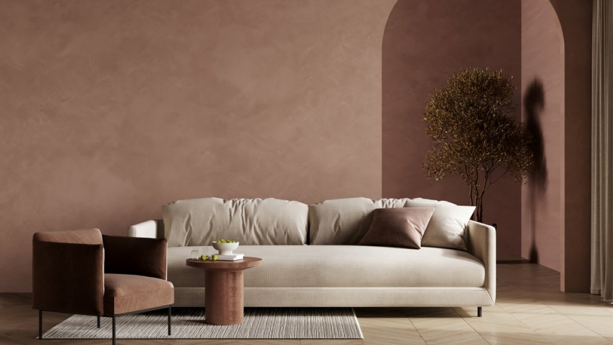 Luxury living room in warm Mocha mousse 2025 color trend
