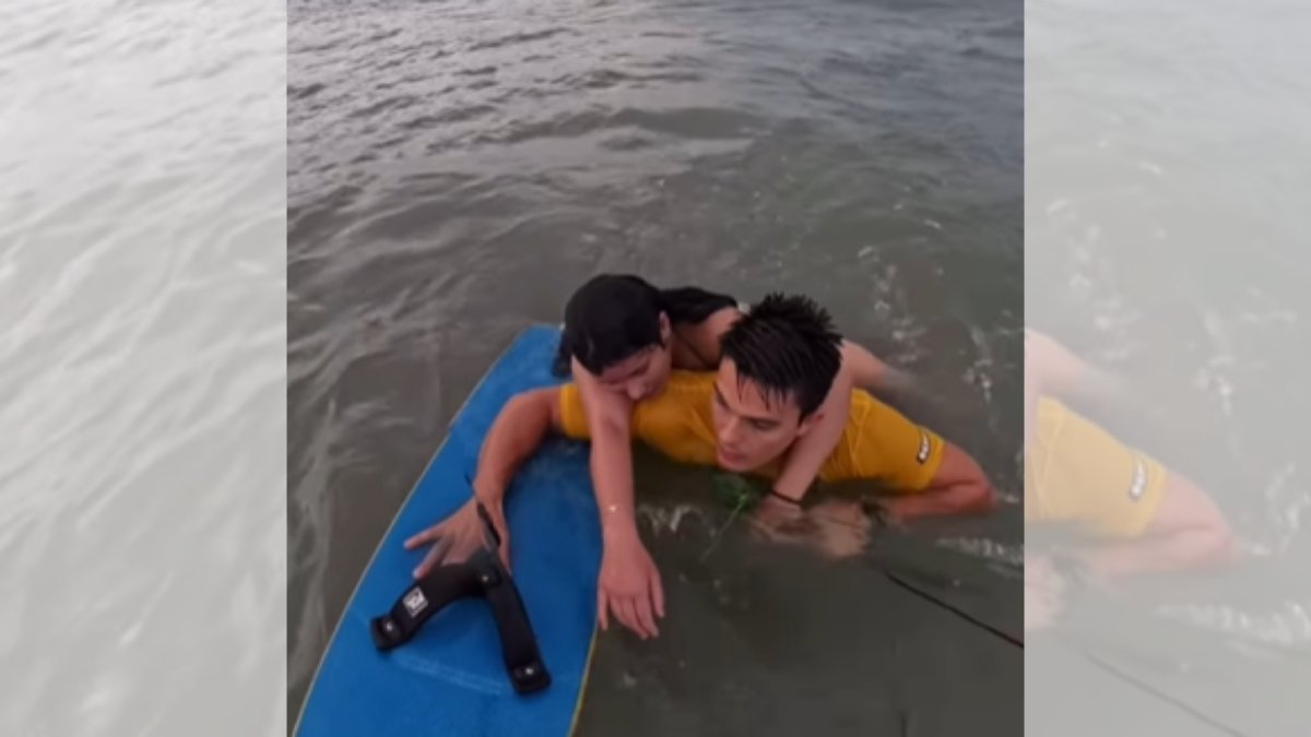 Screenshot from a video posted on Instagram by Brazilian athlete Bruno Lobo who saved a girl at sea.