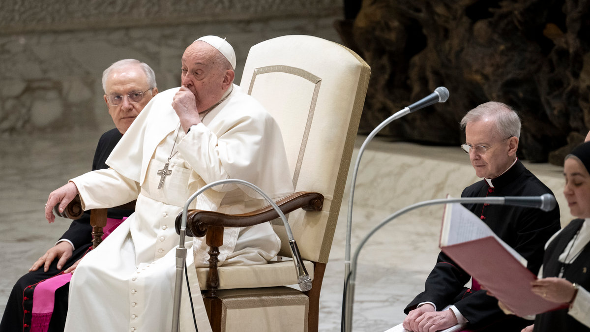 Pope Francis during his weekly general audience in Paul VI Hall at the Vatican on February 12, 2025
