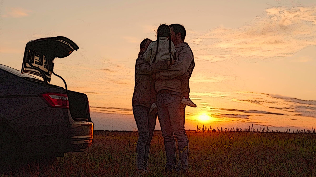family hug sunset