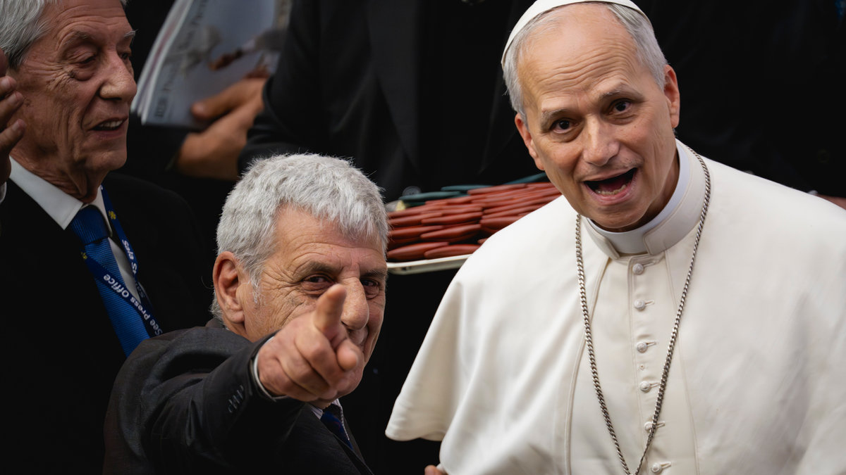 Pope Leo XIV during his audience with media representatives at the Paul VI Hall in the Vatican, on May 12, 2025.
