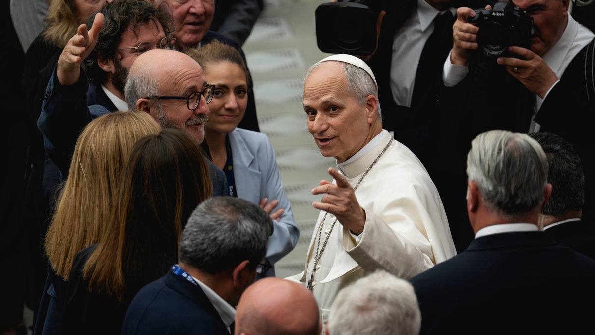 Pope Leo XIV during his audience with media representatives at the Paul VI Hall in the Vatican, on May 12, 2025.