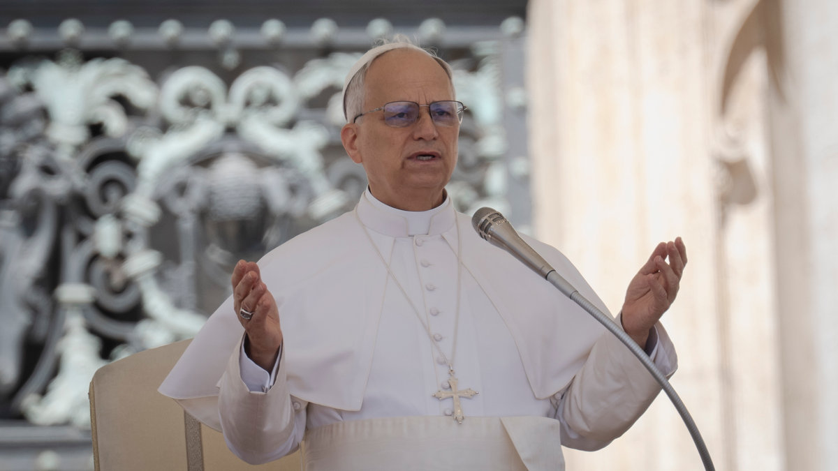 Pope Leo XIV praying during his weekly general audience at St Peter's Square at The Vatican, on May 28, 2025.