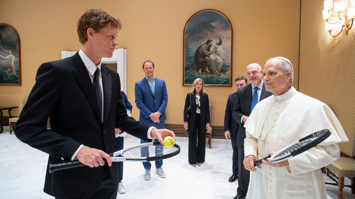 Pope Leo XIV during a private audience with Italy's tennis player Jannik Sinner