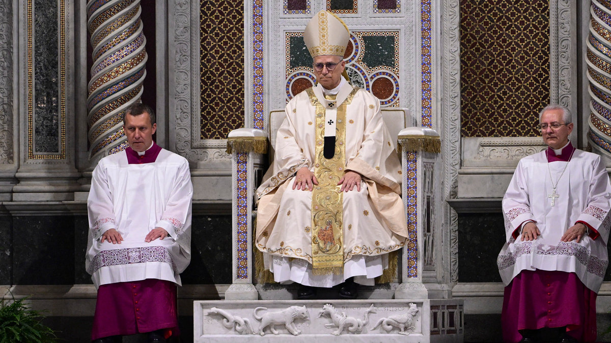 Pope Leo XIV leads a holy mass as he takes possession at Saint John Lateran archbasilica in Rome, on May 25, 2025.