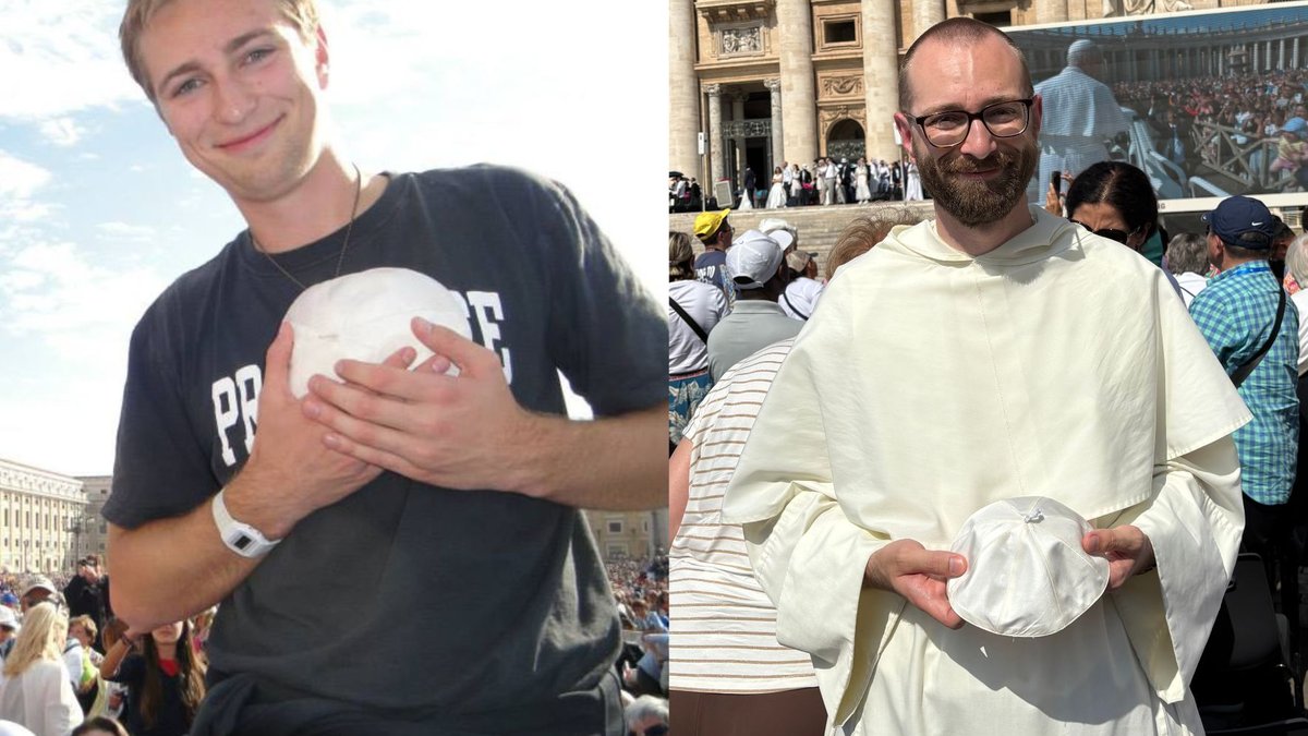 Fr. Damian Day in college and now as a priest with zucchetto once Pope Francis and Pope Leo XIV