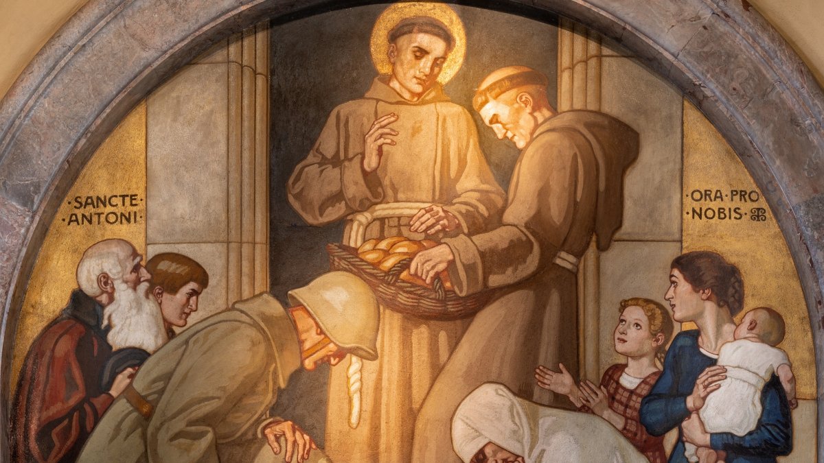 Fresk autorstwa Fritza Kunza (1921) przedstawiający św. Antoniego z Padwy rozdającego chleb. Zurich, Szwajcaria, kościół pw. św. Antoniego