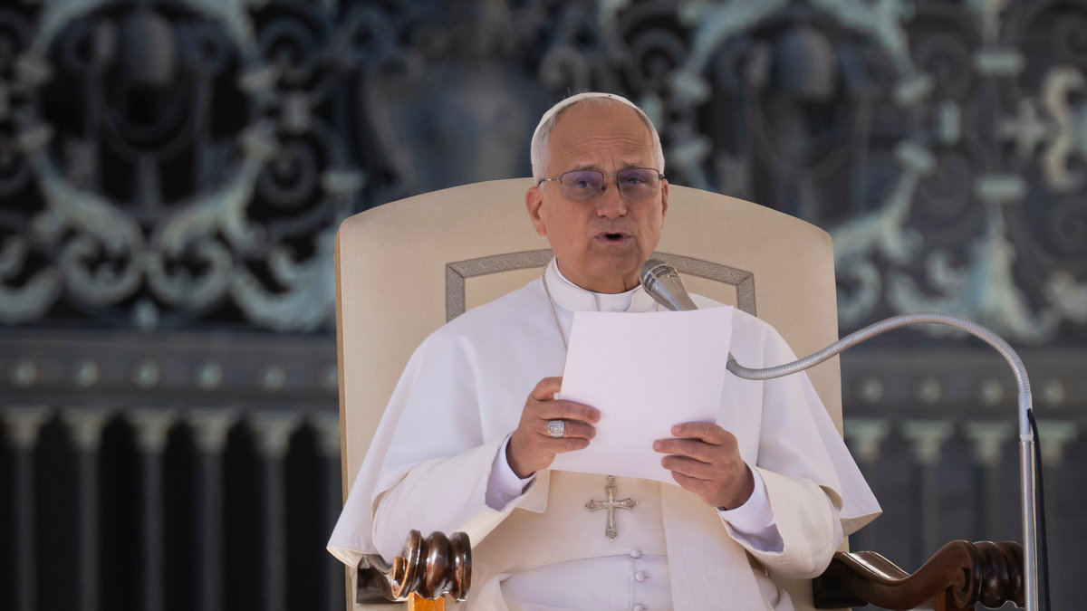 Pope Leo XIV during his weekly general audience in St. Peter's square at the Vatican on November 05, 2025.
