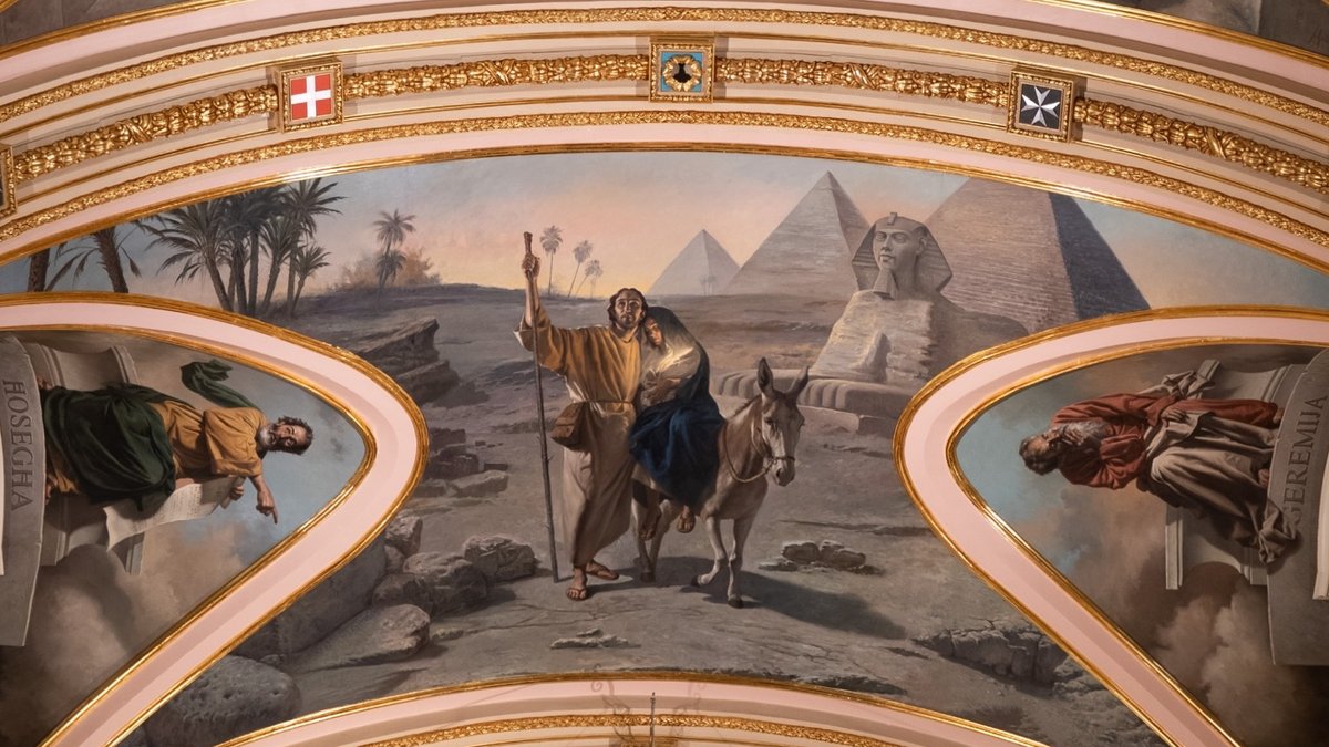 The Flight to Egypt of the Holy Family by Manuel Farrugia - Part of Phase 2 of the Basilica’s embellishment project, inaugurated on the 18th of February 2023. The lunette paintings, of Jeremiah and Hosea, are the work of Frank Portelli