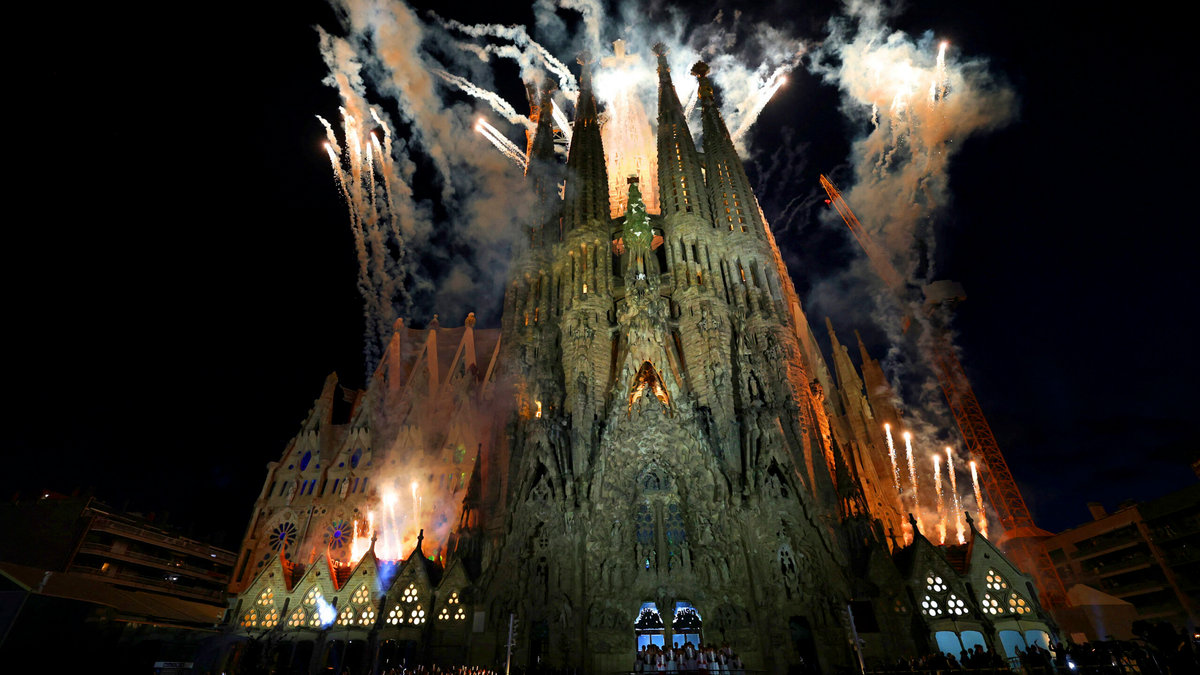 fireworks during the inauguration of Jesus Christ tower by Pope Leo XIV in the Basilica of the Sagrada Familia