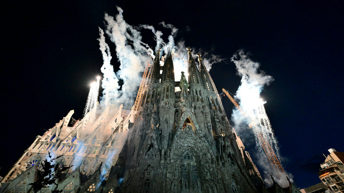 fireworks during the inauguration of Jesus Christ tower by Pope Leo XIV in the Basilica of the Sagrada Familia