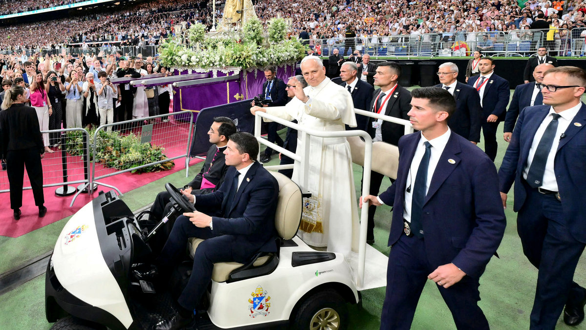 Pope Leo XIV arrives at Real Madrid's Santiago Bernabeu stadium in Madrid