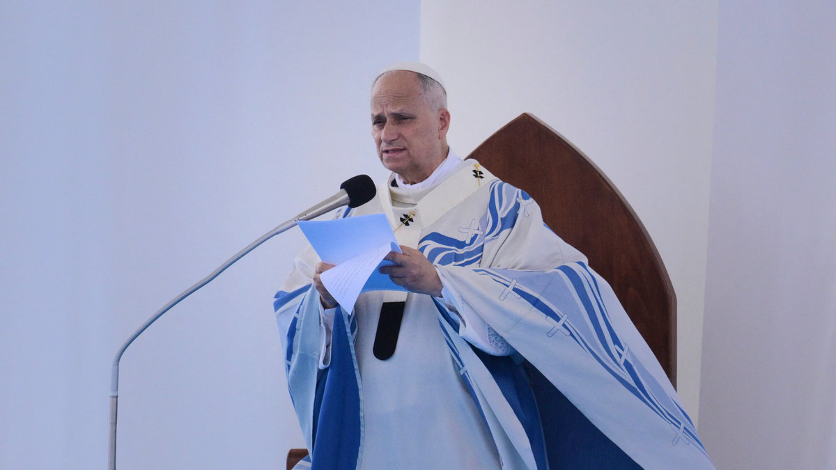 Pope Leo XIV speaks as he celebrates the mass during a one day visit to Lampedusa island, south of Sicily, on July 4, 2026