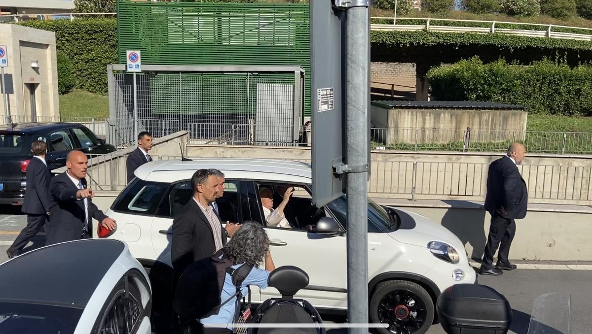 Pope Francis leaving the Gemelli hospital in Rome after ten days of recovery from an operation for an intestinal hernia.