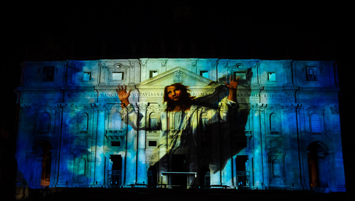 St. Peter’s Basilica facade is lit up with Seguimi a videomapping projection depicting the life of St Peter
