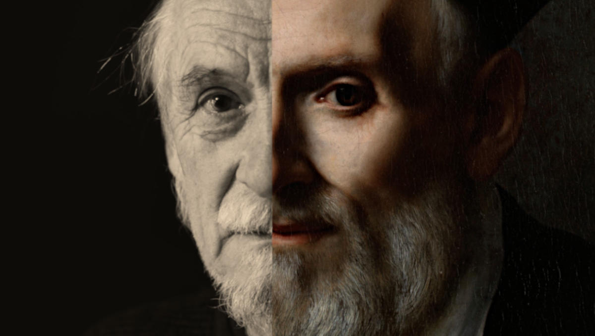 Modern photo of older man with painting of St. Philip Neri by Carlo Dolci (1645)