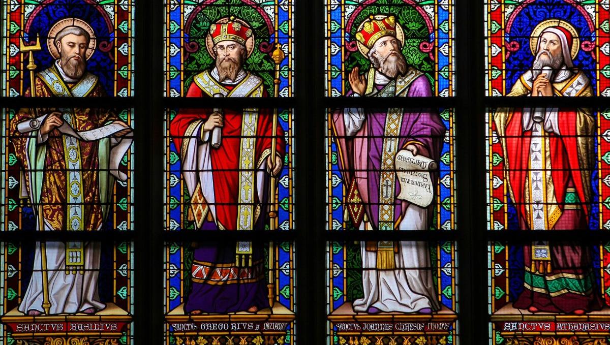 Stained Glass Window depicting Saint Basil of Caesarea, Gregory of Nazianzus, John Chrysostom and Athanasius of Alexandria in Den Bosch Cathedral.