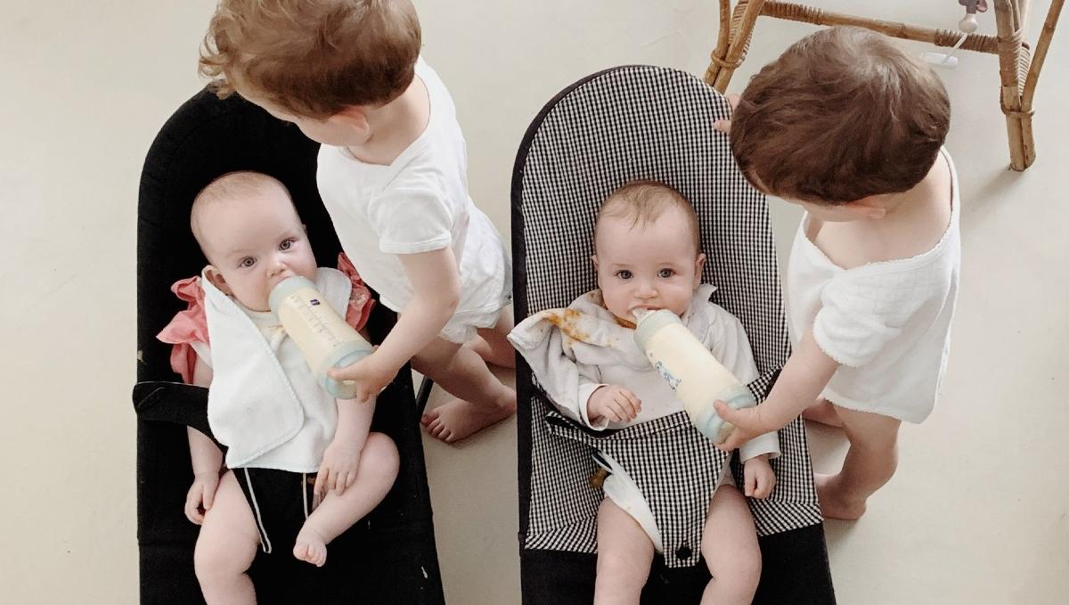 Two sets of twins, children of Claire and Louis, born within a year and a half of each other